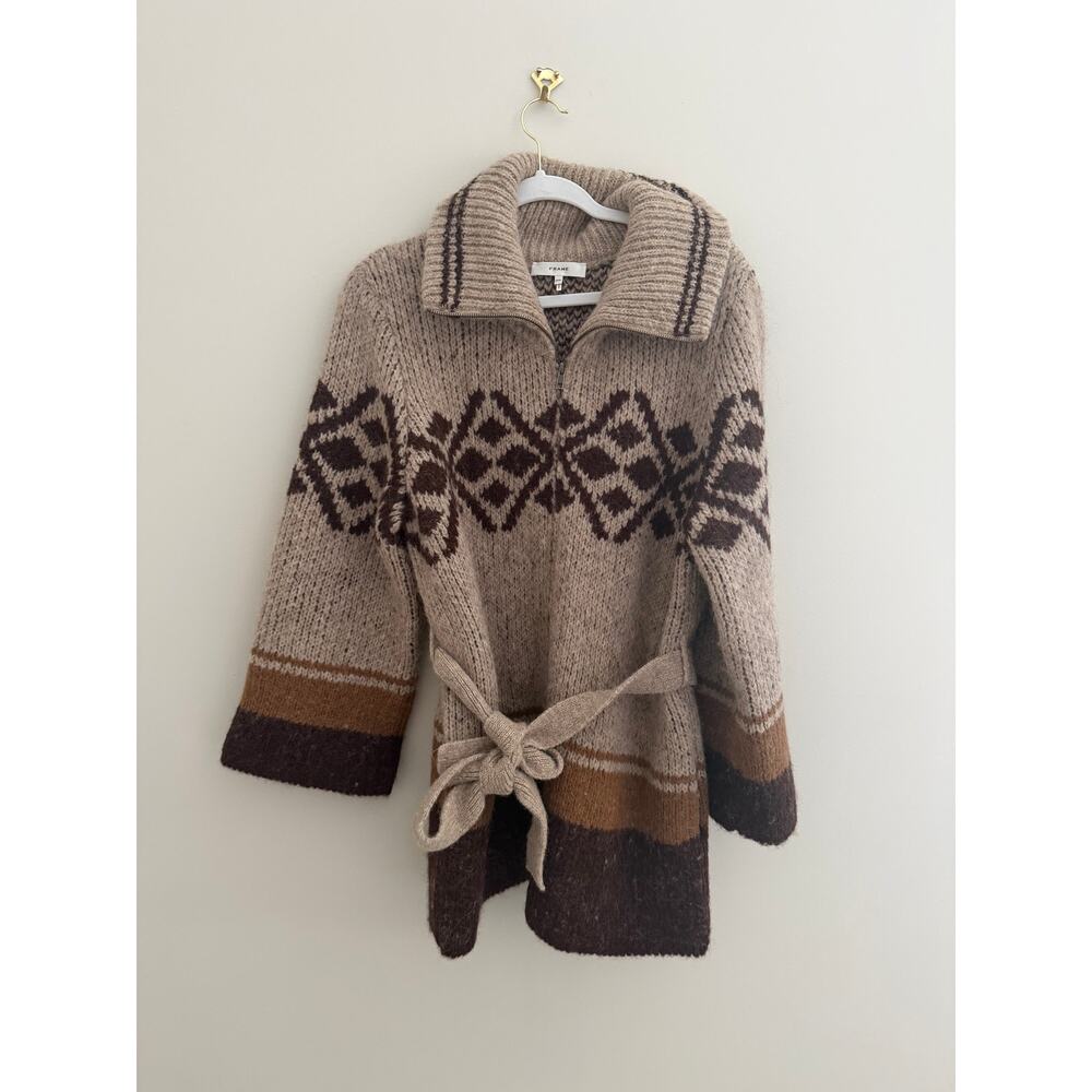 FRAME Belted Jacquard Knit Alpaca Blend Cardigan Sweater M - Picture 3 of 6